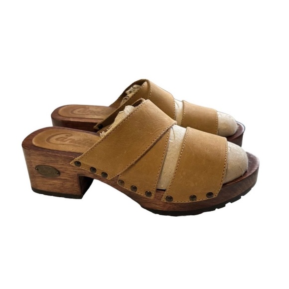 Vintage Candie's Leather Wooden Clog Sandal Women's 7.5 Tan Brown Studded Y2K - Picture 4 of 6